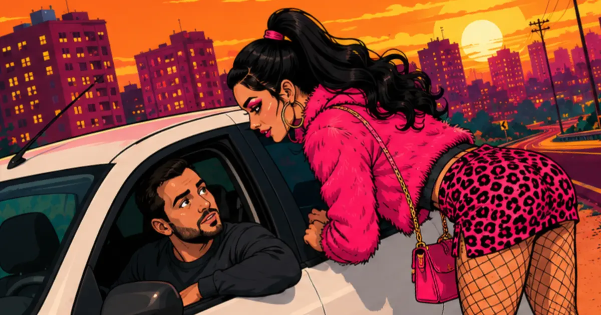 A woman speaking to a man through the window of a white car at sunset